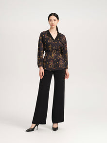 Silky Printed Belted Blouse | Black