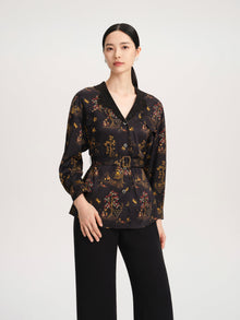 Silky Printed Belted Blouse | Black