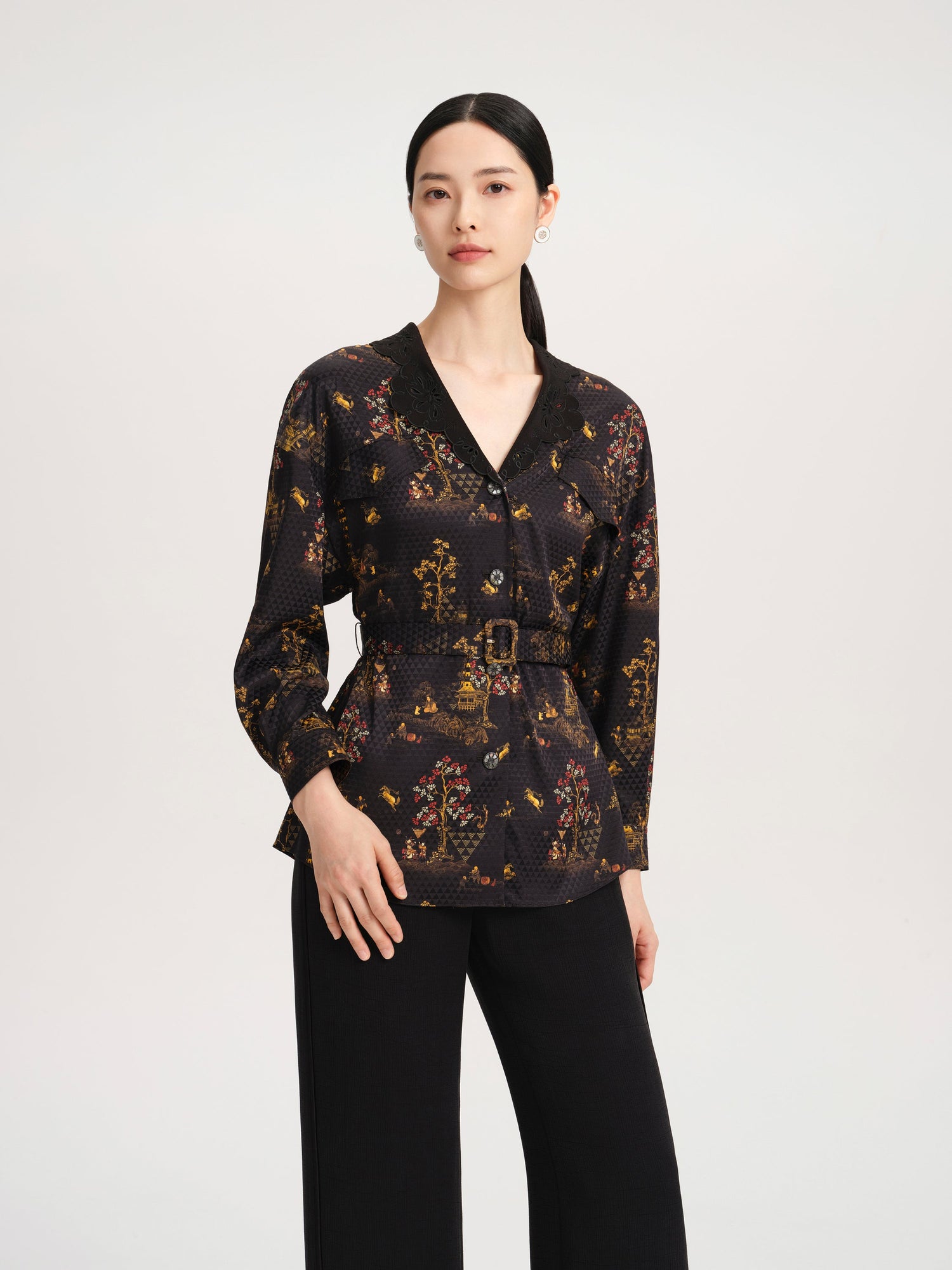 Silky Printed Belted Blouse | Black