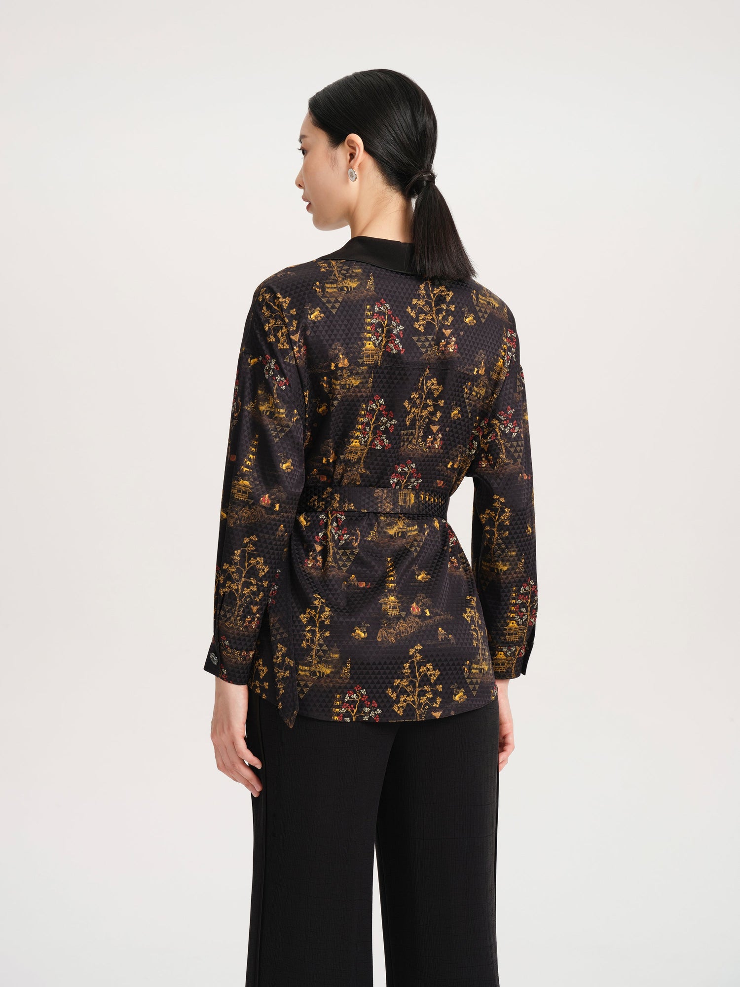 Silky Printed Belted Blouse | Black
