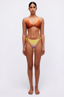 Yellow and purple ombre bikini bottom with side hardware details and high-cut leg openings.