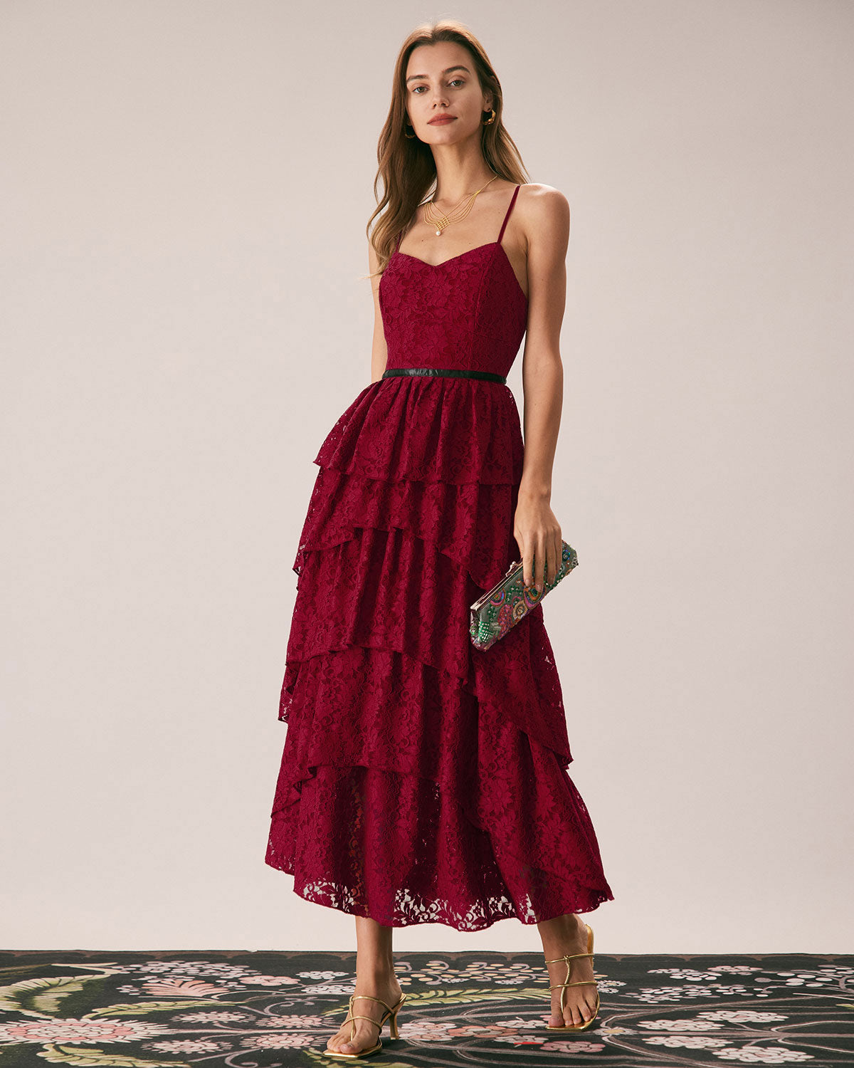 Sweetheart Neck Lace Maxi Dress | Red