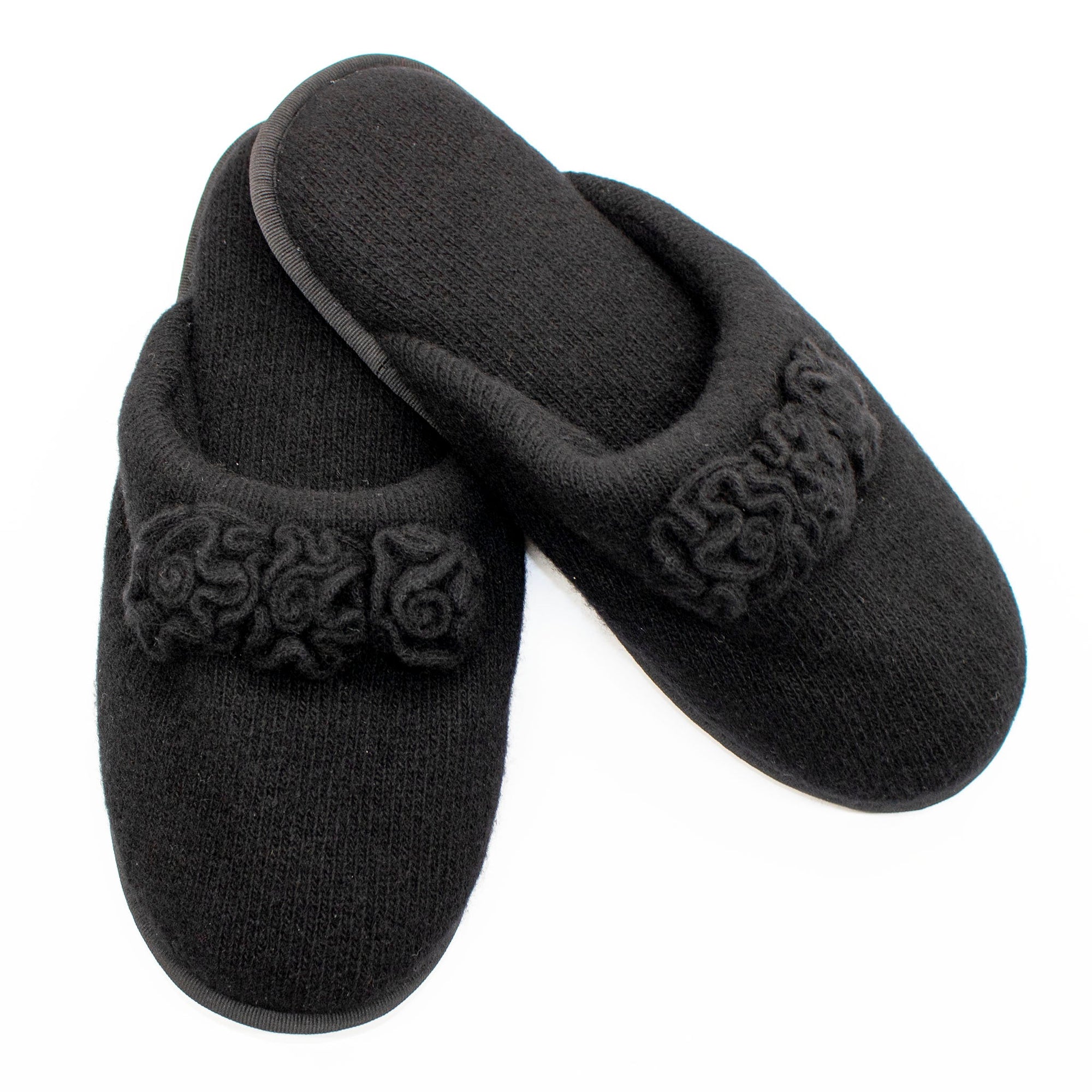 Cashmere Slippers With Flowers Accent | Black