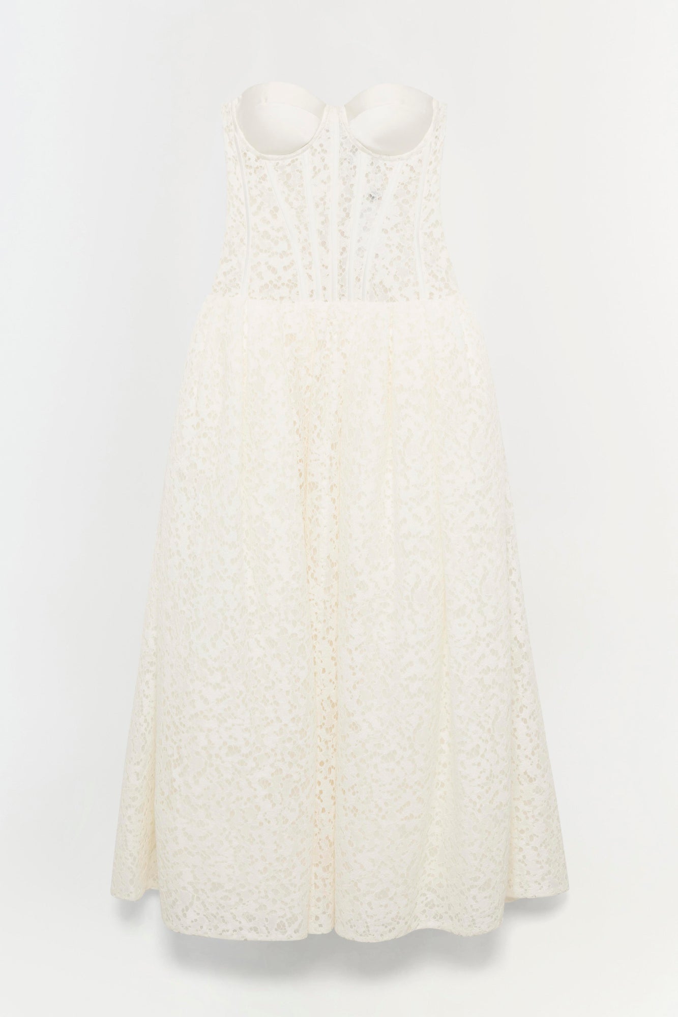 Ivory lace sleeveless dress with sweetheart neckline and A-line skirt.