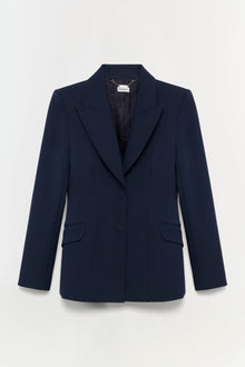 Navy blue single-breasted blazer with notch lapels, button closure, and flap pockets.