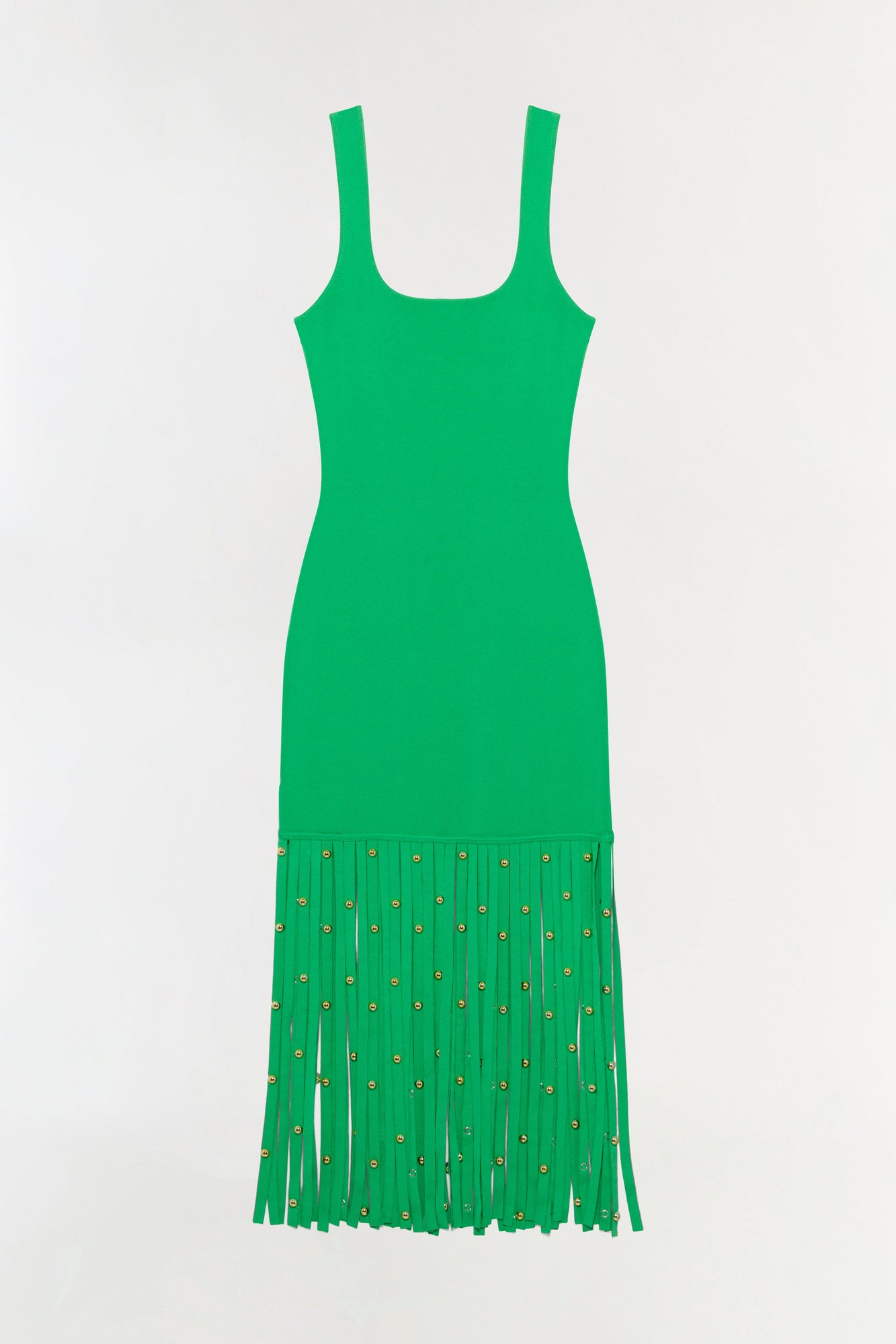 Green knit midi dress with scoop neckline, sleeveless tank straps, and pleated skirt hem adorned with gold studs.