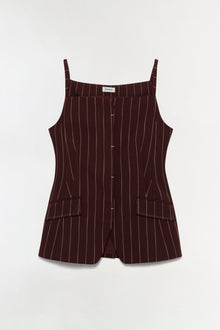 Burgundy pinstriped sleeveless top with square neckline, button front closure, and side pockets.
