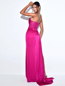 Holly Crystallized Corset High Slit Satin Gown | Fuchsia