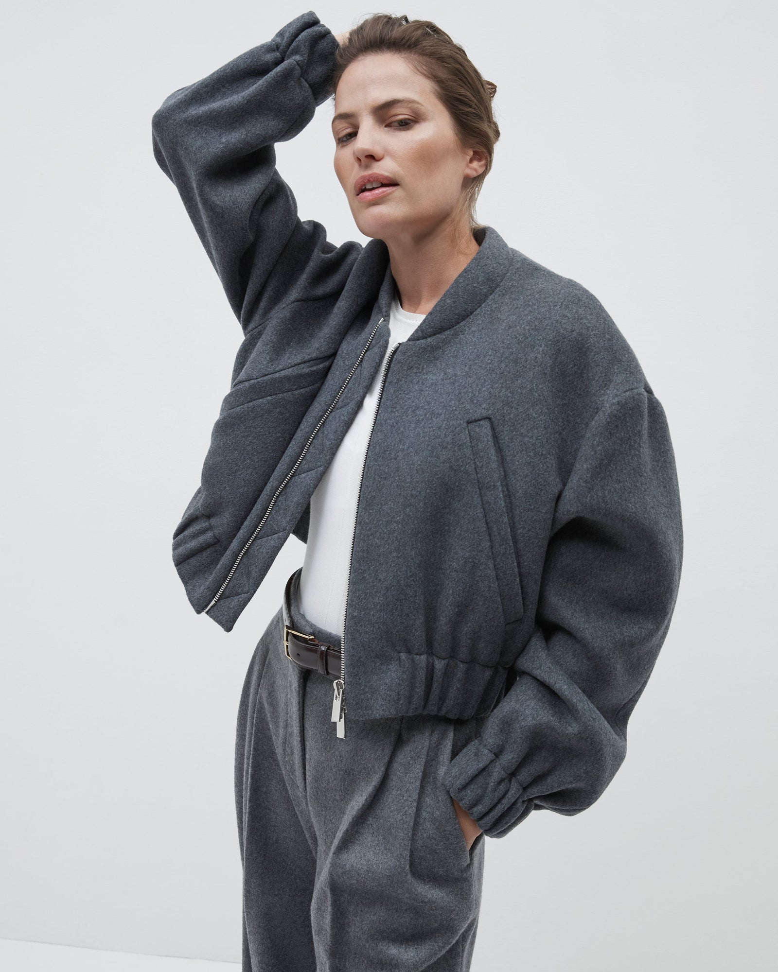Another Tomorrow Wool Bomber Jacket in Light Grey Melange – Wool Women's Outerwear