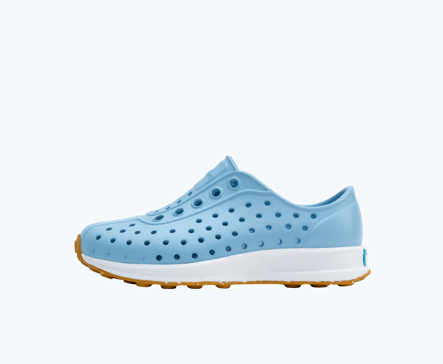 Side view of a Native Shoes Kids Robbie Kids | Sky Blue/ Shell White/ Mash Speckle Rubber Footwear