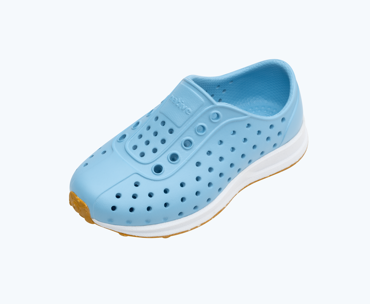 Angled view of a Native Shoes Kids Robbie Kids | Sky Blue/ Shell White/ Mash Speckle Rubber Footwear