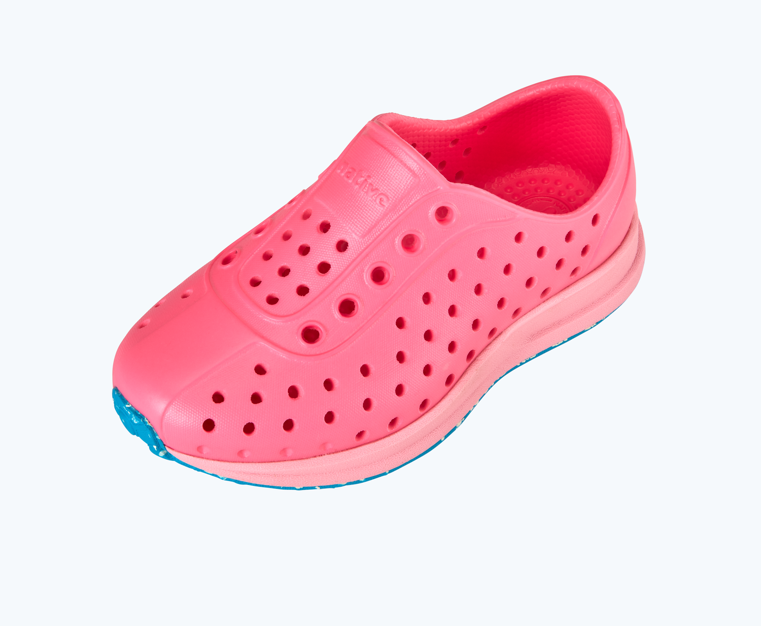Angled view of a Native Shoes Kids Robbie Kids | Floyd Pink/ Princess Pink/ Pacific Speckle Rubber Footwear
