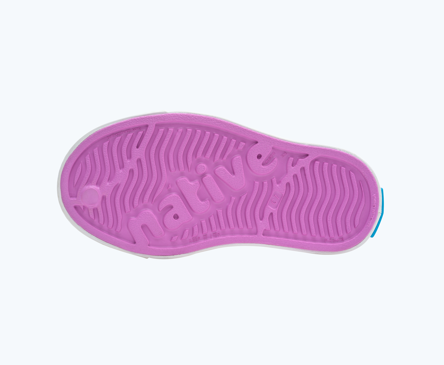 Bottom view of a Native Shoes Kids Jefferson Print Kids | Winterberry Pink/ Shell White/ Haze Eucamo Footwear