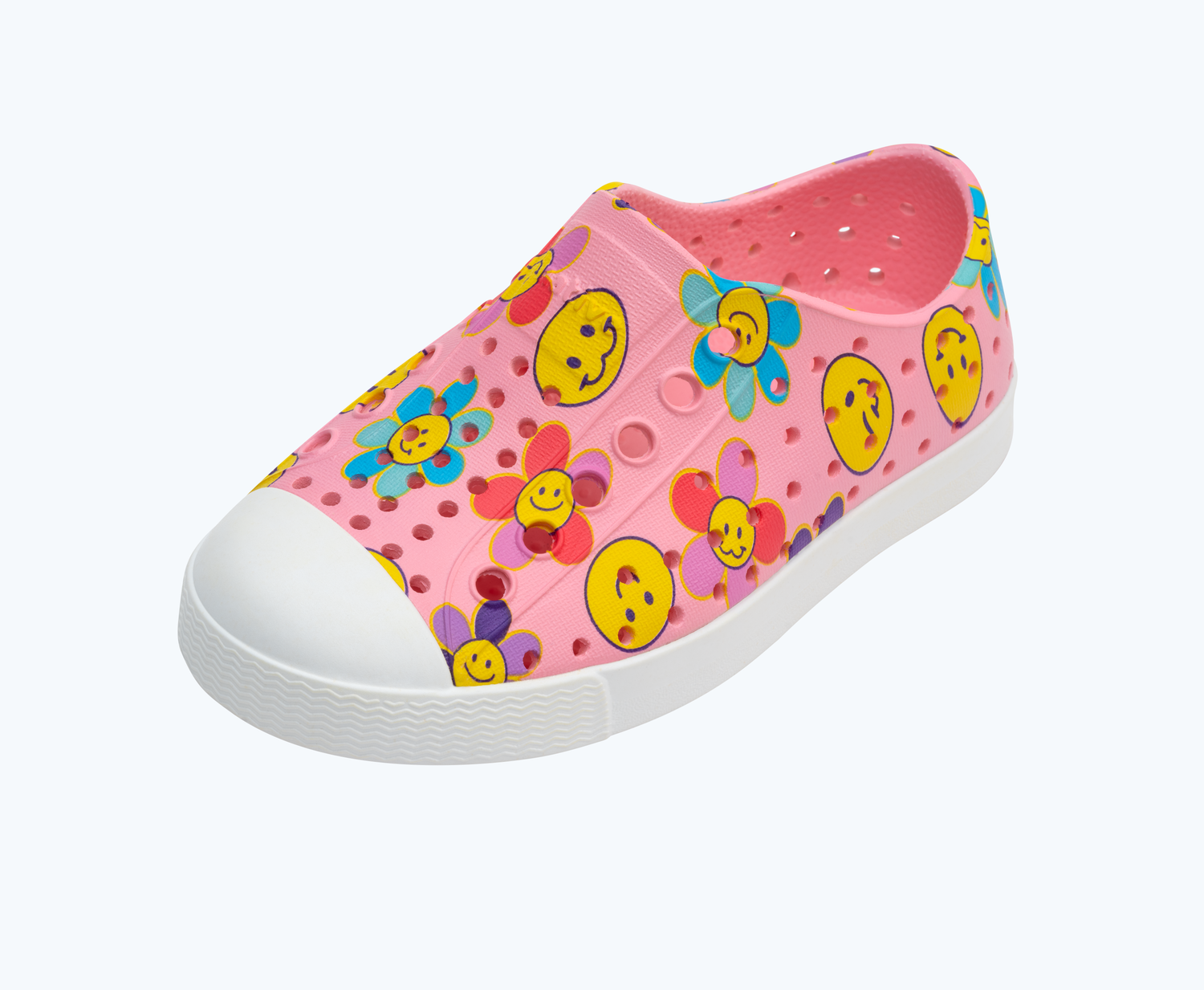 Angled view of a Native Shoes Kids Jefferson Print Kids | Princess Pink/ Shell White/ Haze Sunpetal Footwear