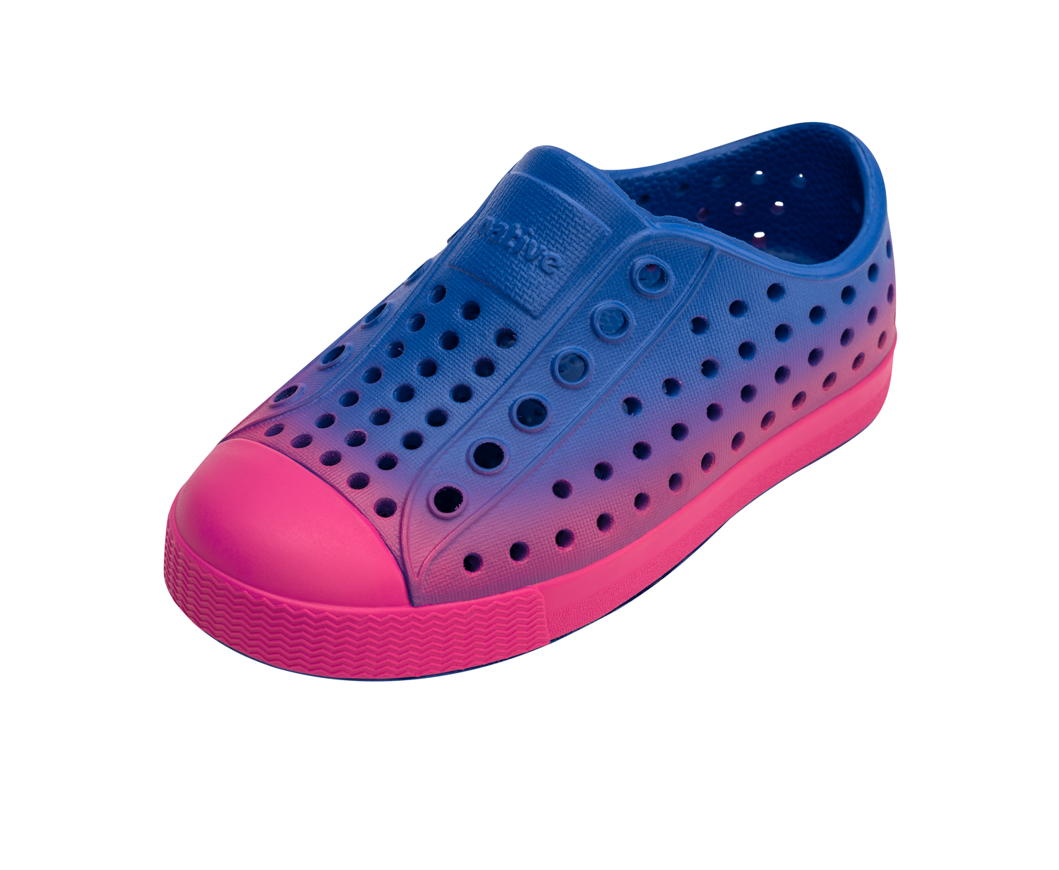 Angled view of a Native Shoes Kids Jefferson Ombre Kids | Adventure Blue/ Radberry Pink/ Adventure Radberry Ombre Footwear