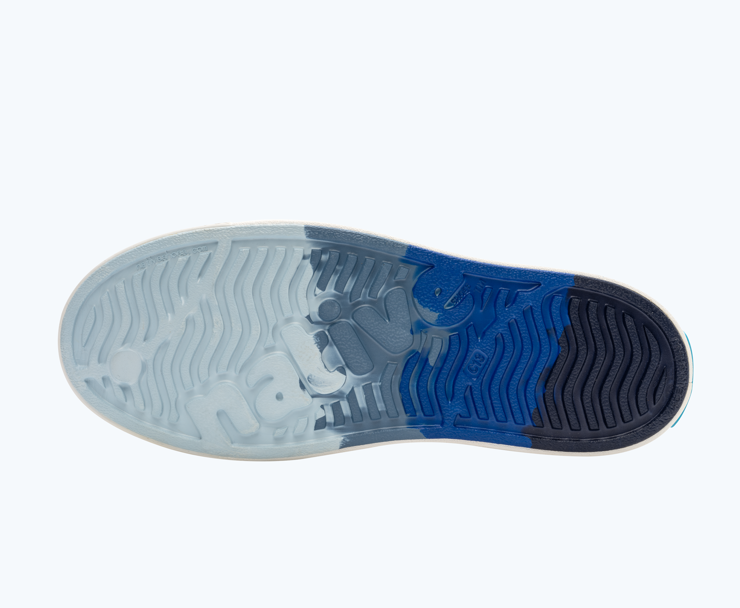 Bottom view of a Native Shoes Kids Jefferson Clog Marble Kids | Oasis Adventure Marble/ Shell White Footwear
