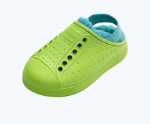 Angled view of a Native Shoes Kids Jefferson Cozy Kids | Snap Green/ Snap Green/ Maui Blue Footwear
