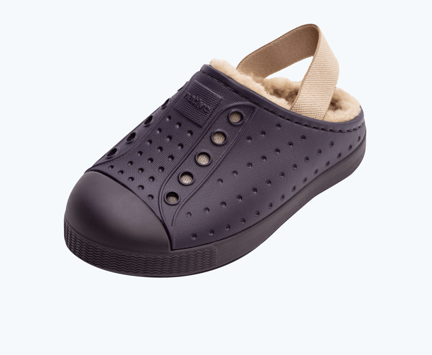 Angled view of a Native Shoes Kids Jefferson Cozy Kids | Velvet Purple/ Velvet Purple/ Flax Tan Footwear