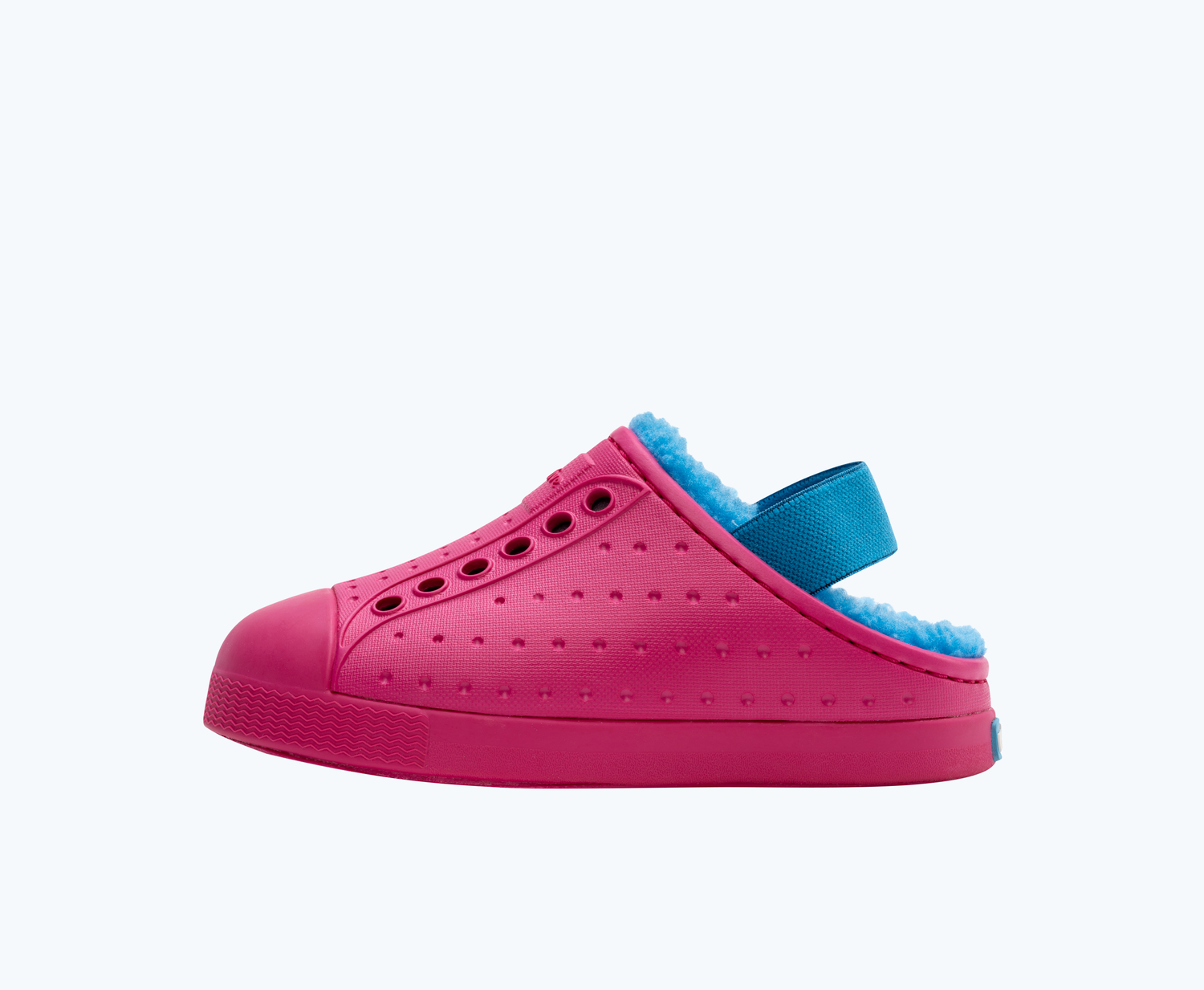 Side view of a Native Shoes Kids Jefferson Cozy Kids | Radberry Pink/ Radberry Pink/ Sky Blue Footwear