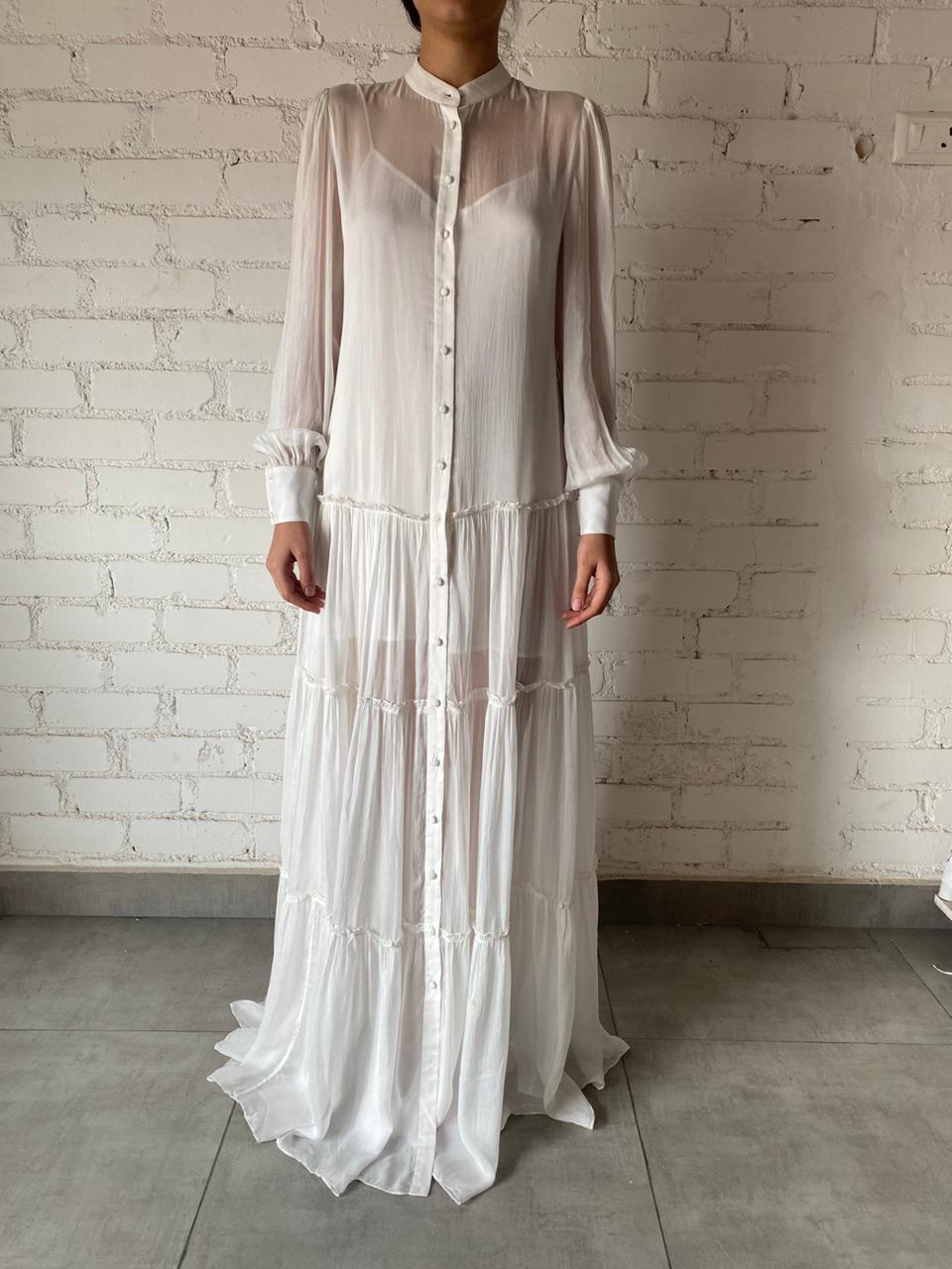 Hemant & Nandita | Chiffon Full-Neck Button-Down Long Dress | White