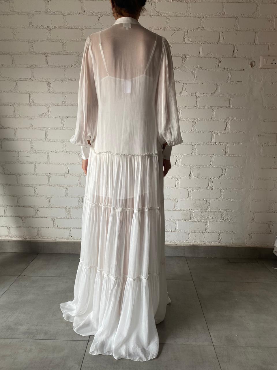 Hemant & Nandita | Chiffon Full-Neck Button-Down Long Dress | White