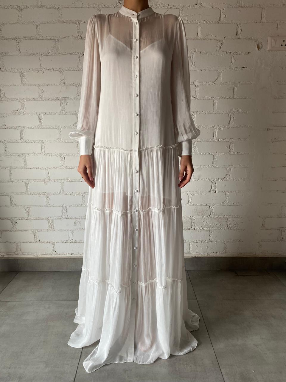 Hemant & Nandita | Chiffon Full-Neck Button-Down Long Dress | White
