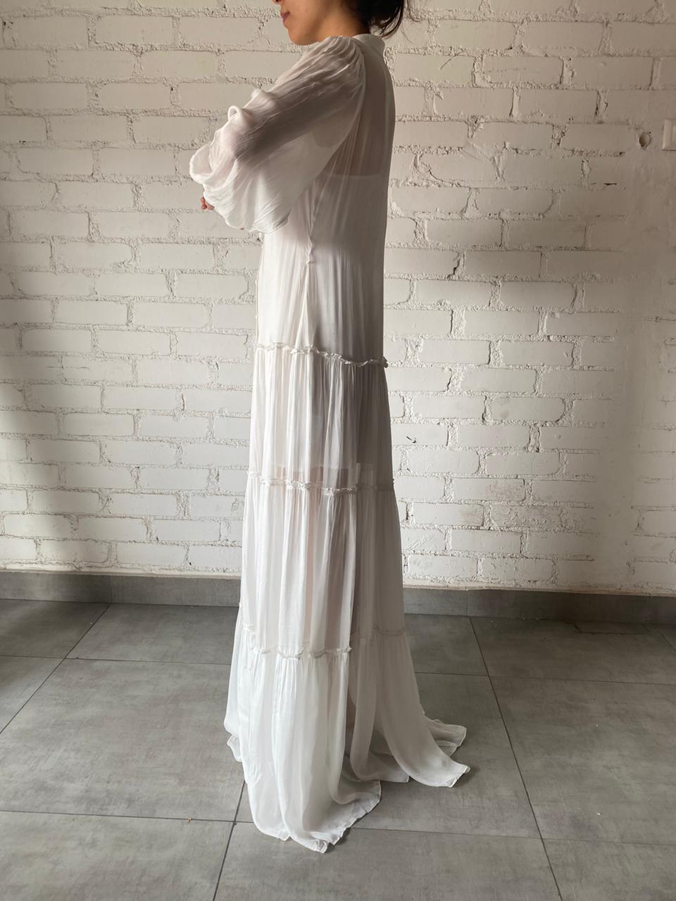 Hemant & Nandita | Chiffon Full-Neck Button-Down Long Dress | White