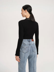 Wool Fit Long-Sleeves V-Neck Sweater Top | Black