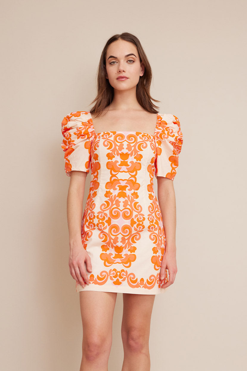 Kelly Dress | Venice Scroll Mandarin Red