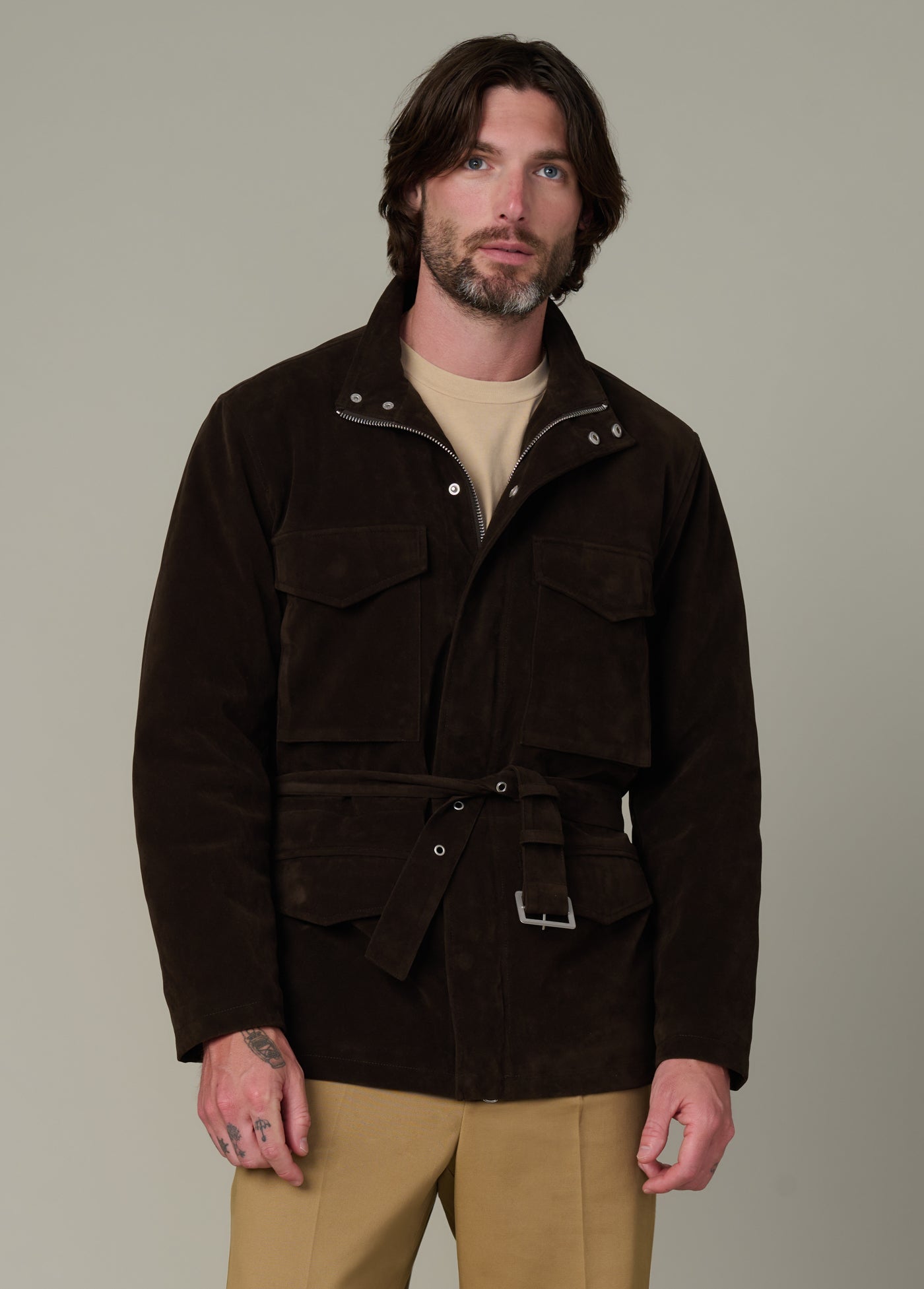 Faux Suede M16 Jacket in chocolate with tailored fit and soft suede texture – stylish and comfortable men's jackets