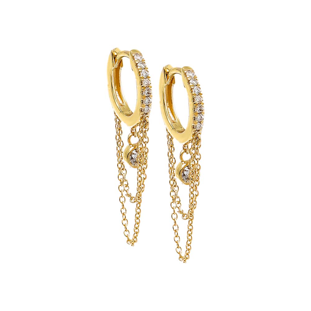 14K Gold / Pair Diamond Pave Dangling Bezel & Chain Huggie Earring 14K - Adina's Jewels