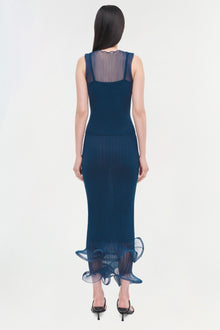 Navy blue sleeveless tank dress with pleated fabric and sheer mesh yoke detail, shown from back view.