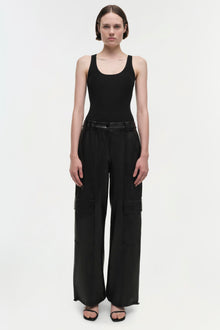 Black cargo pants with multiple front pockets, belted waist, and wide-leg silhouette.