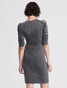 DRAPED SLEEVE SLIM METALLIC KNIT DRESS - Halston