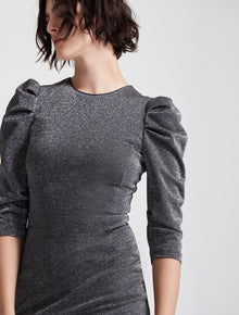 DRAPED SLEEVE SLIM METALLIC KNIT DRESS - Halston