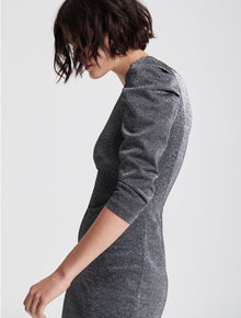 DRAPED SLEEVE SLIM METALLIC KNIT DRESS - Halston
