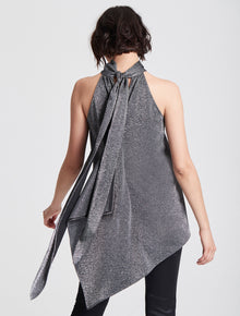 SLEVELESS MOCK NECK METALLIC KNIT HI LO TOP - Halston