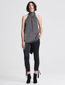 SLEVELESS MOCK NECK METALLIC KNIT HI LO TOP - Halston