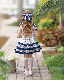 Baby Girls | Checkered Linen Tulle Dress | White x Blue