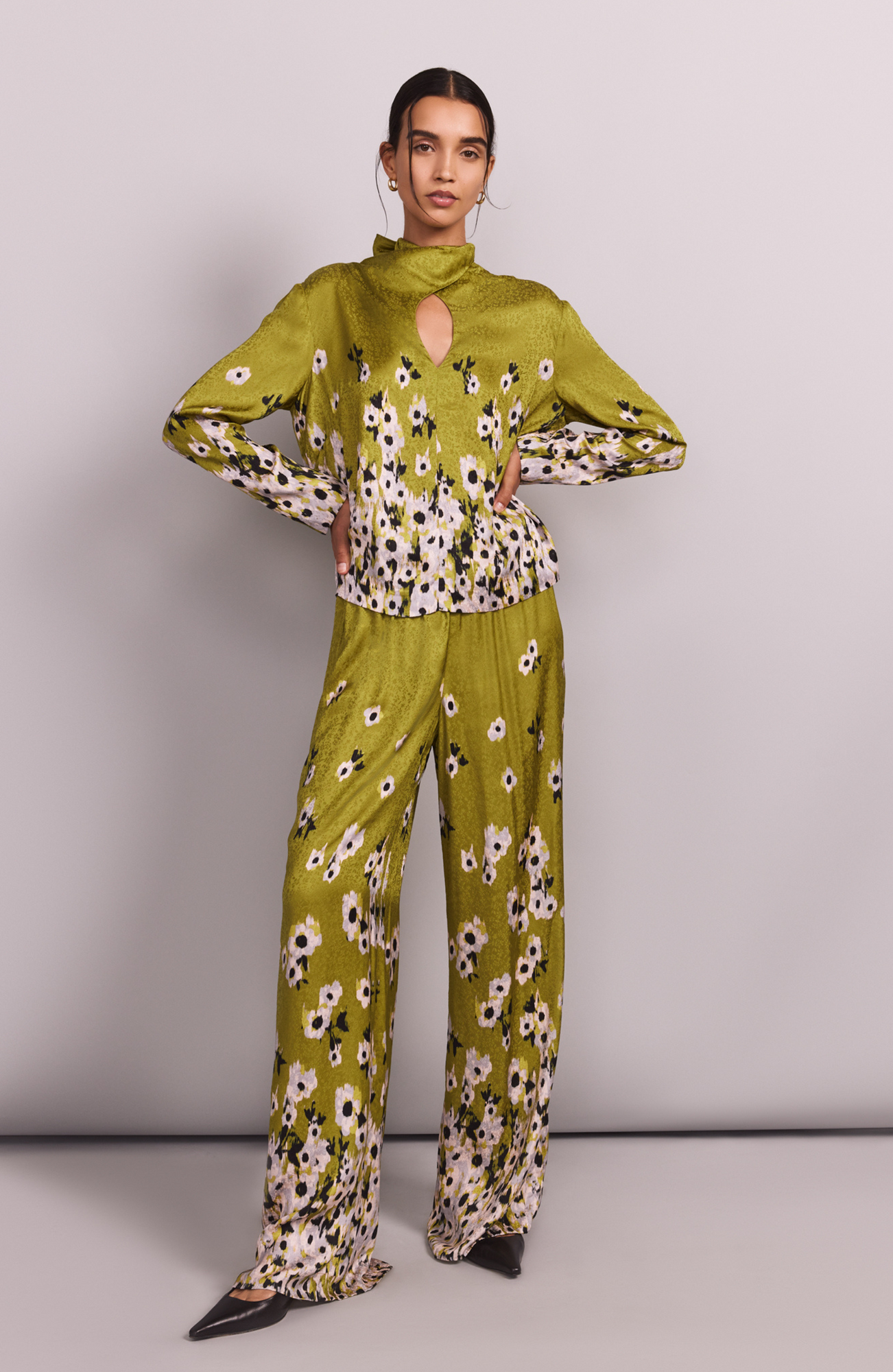 Floral Crepe Tie Neck Blouse | Moss Multi