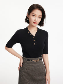 Wool V-Neck Fit Sweater Top | Black
