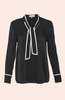 Equestrian Jacquard Tipped Tie Neck Blouse | Black