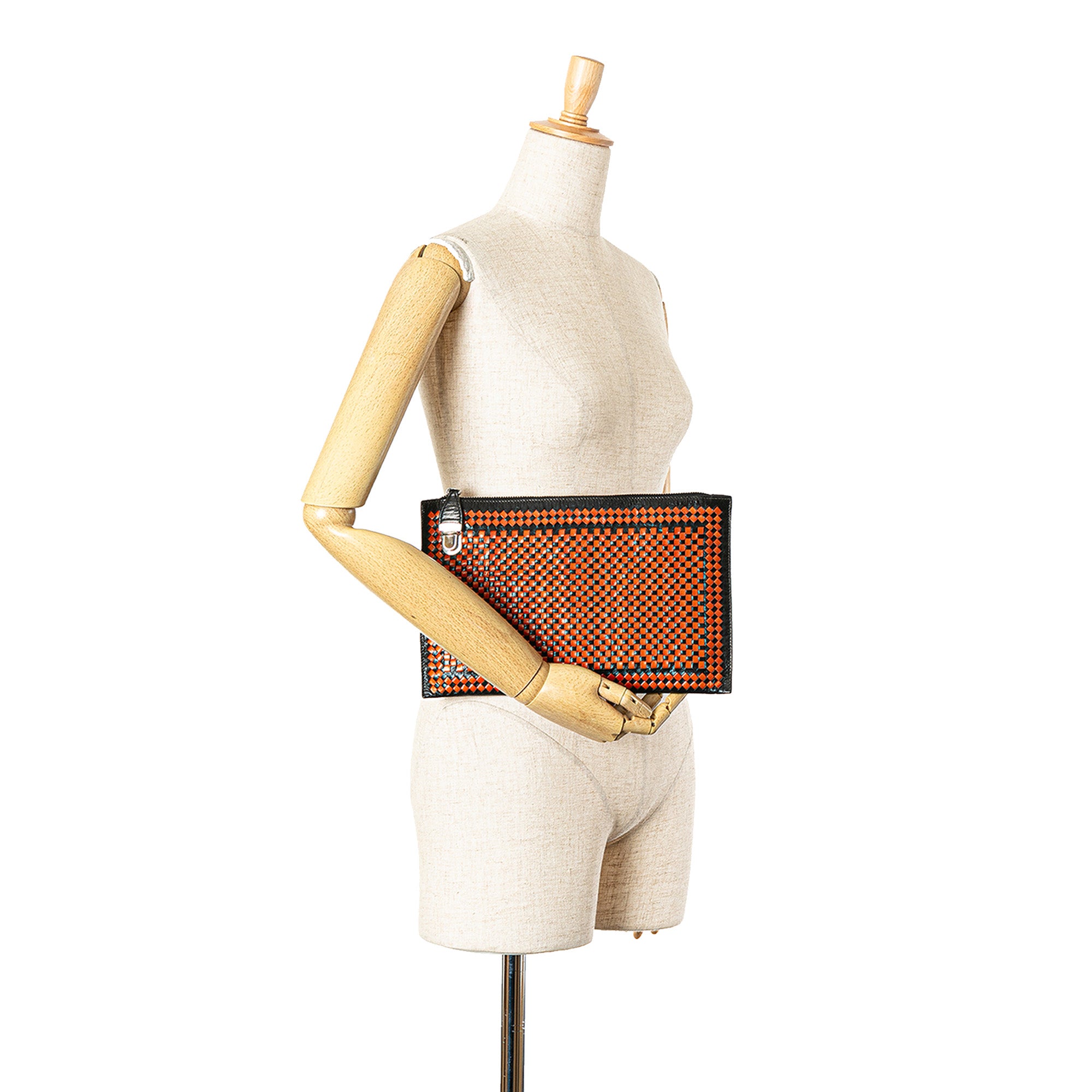Prada | Pre-Owned Woven Goatskin Madras Zip Clutch | Brown