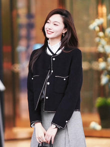 Trimmed Double Woolen Jacket | Black