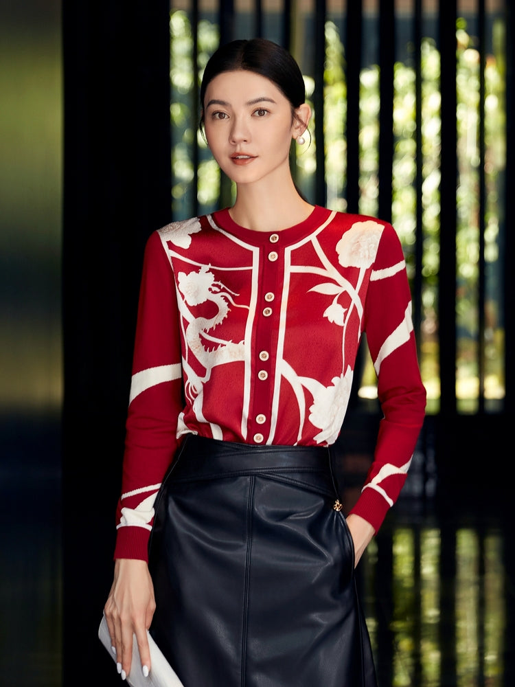 Paneled Printed Sweater | Red