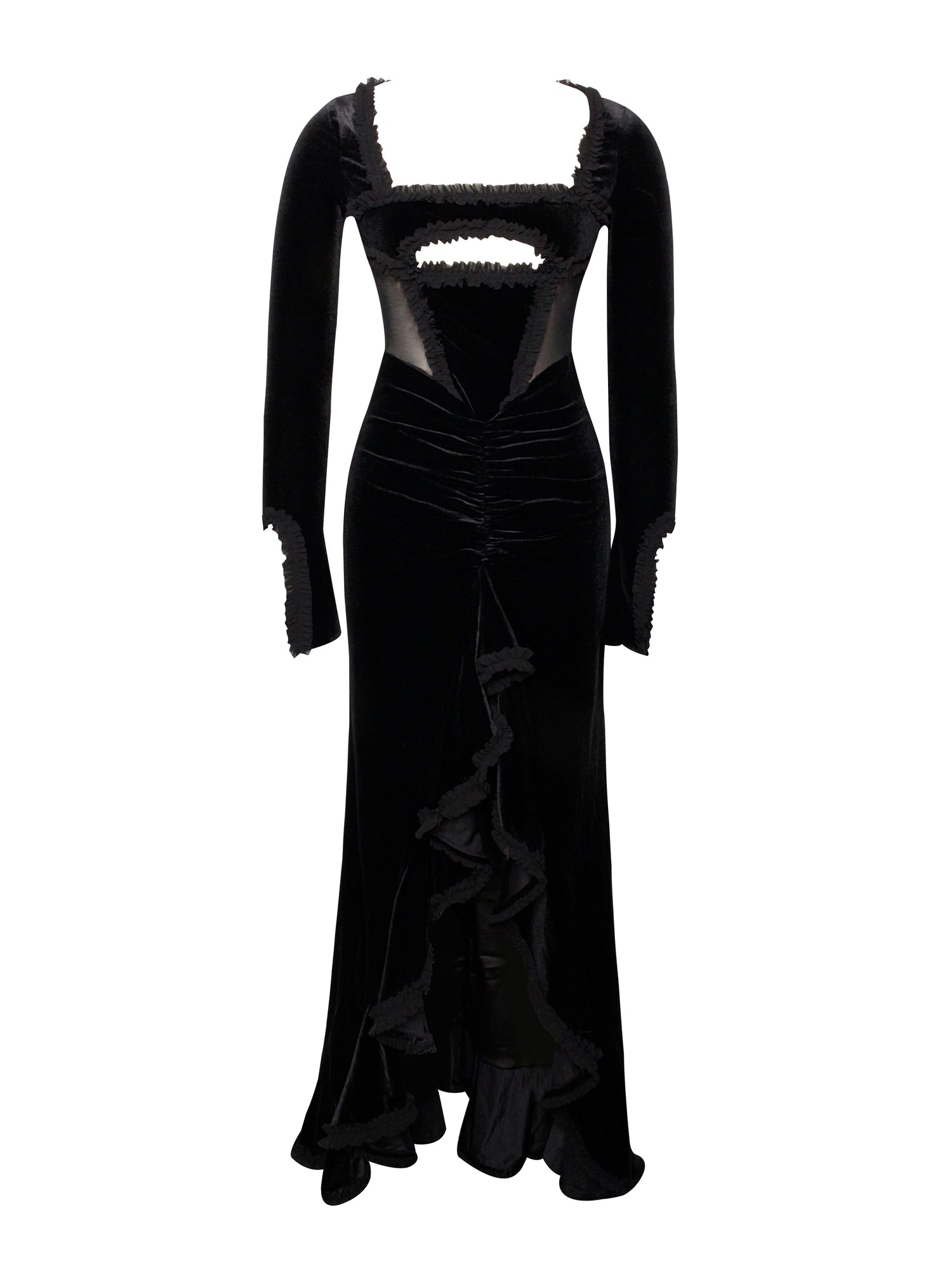 Maeve Velvet and Mesh Long Sleeve Maxi Dress | Black