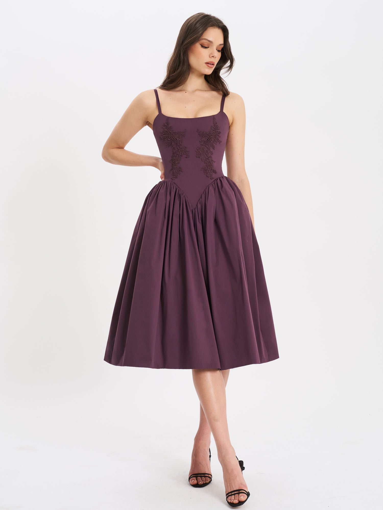 Oakleigh Blackberry Purple Cotton Lace-up Back Midi Dress | Black