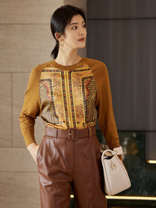 Spliced Printed Knit Top | Camel