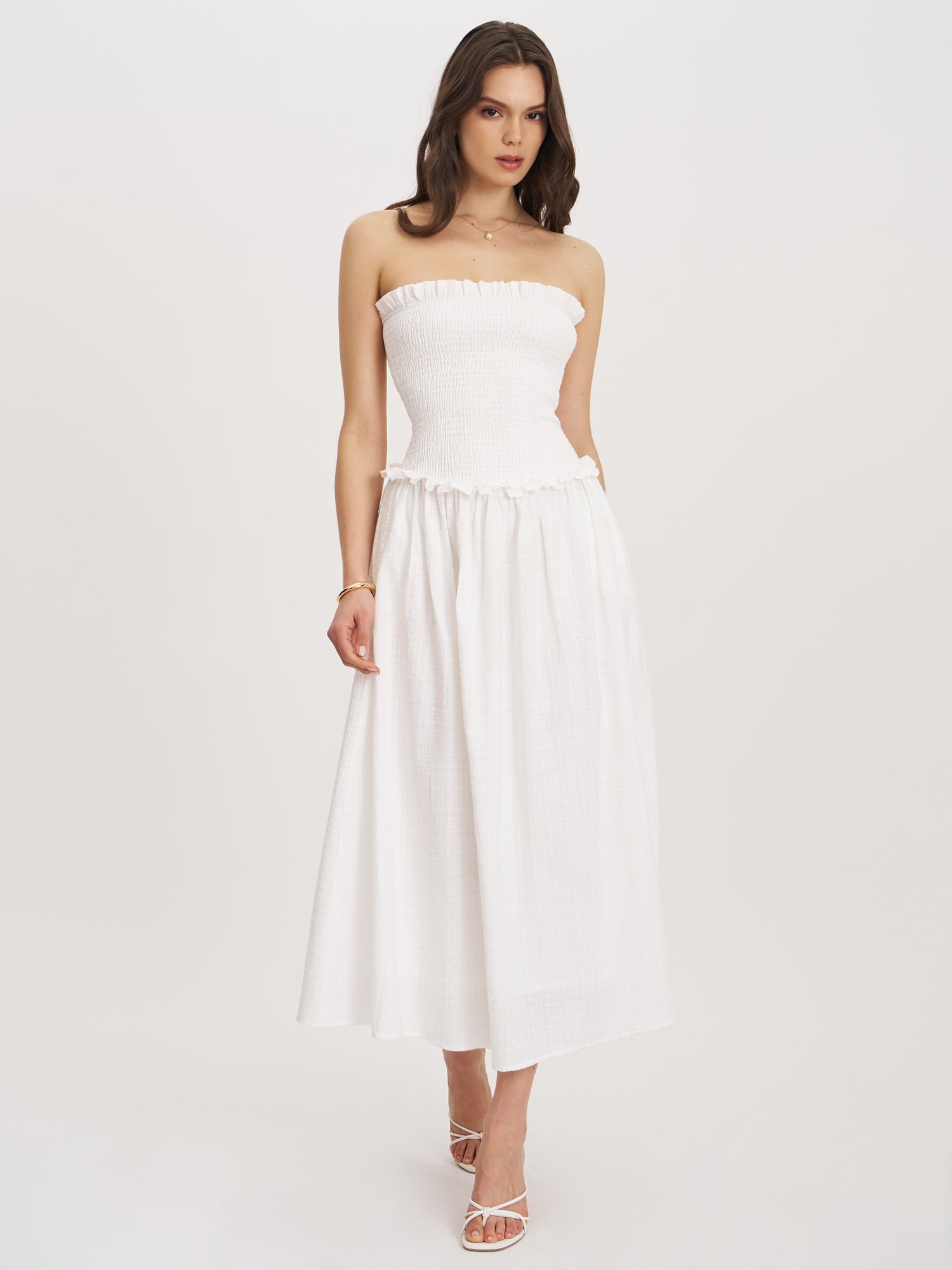 Quadiya Cotton Seersucker Smocked Strapless Midi Dress | White