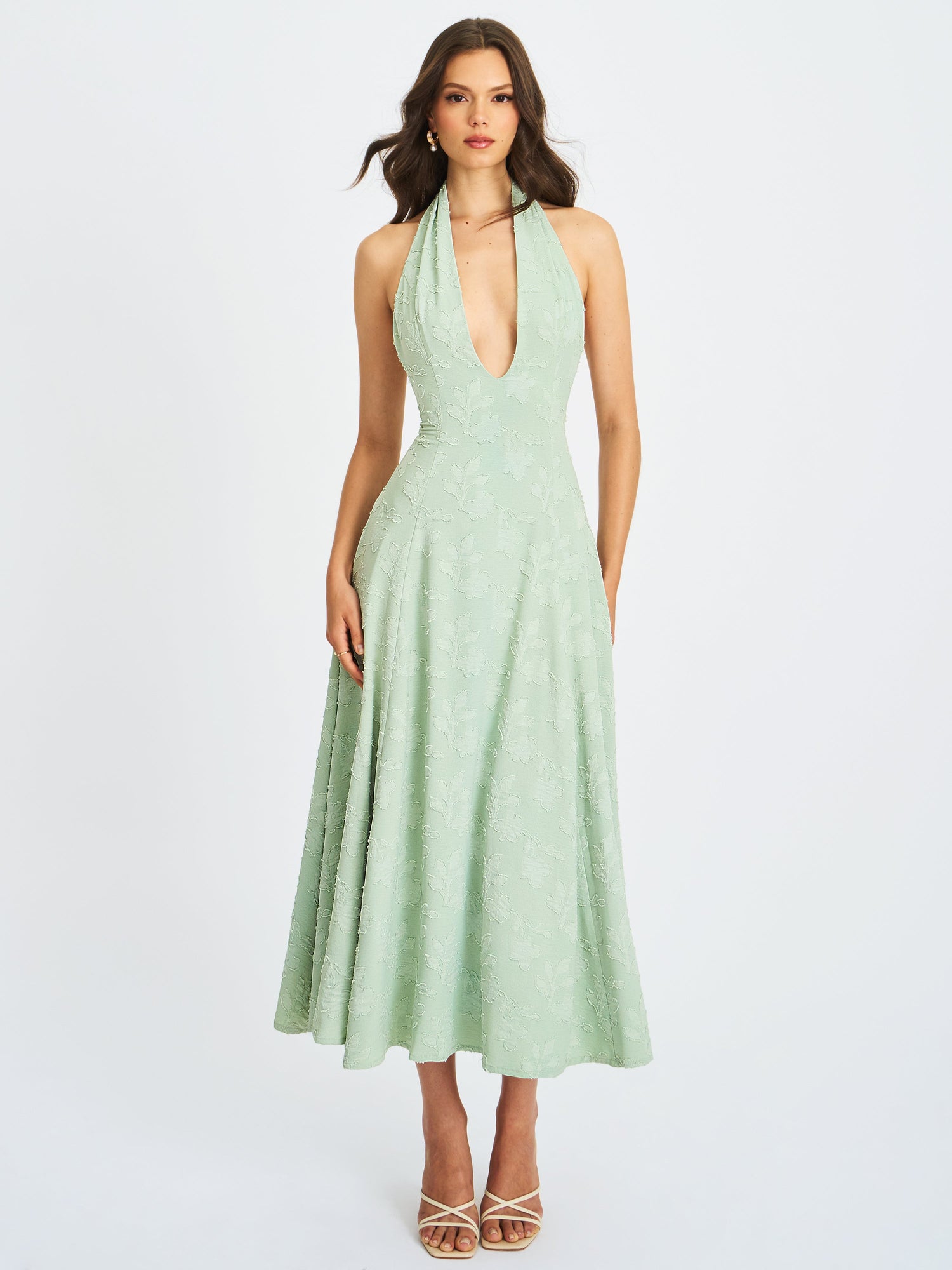 Magda Deep V Neck Halter A-line Midi Dress | Mint Green